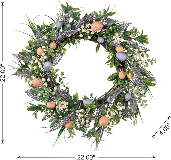 Glitzhome 22" D Easter Wreath with Artificial Easter Eggs Berries and Lavender for Front Door Wall Decor, Spring Easter Garland with Colored Eggs Berries Holiday Decoration