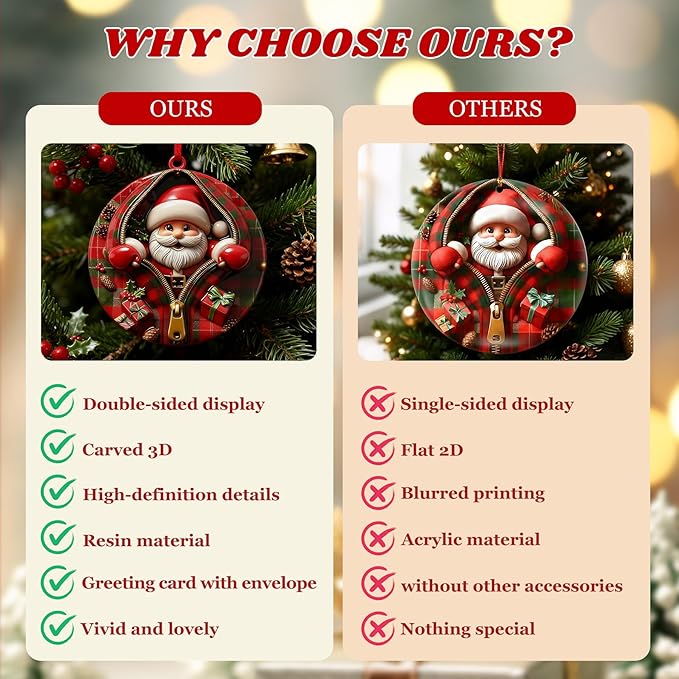 3D Santa Ornaments for Christmas Tree,Christmas Tree Fun Santa Decorations, Resin Funny Holiday Decoration, Christmas Ornaments Hanging Decoration Gift