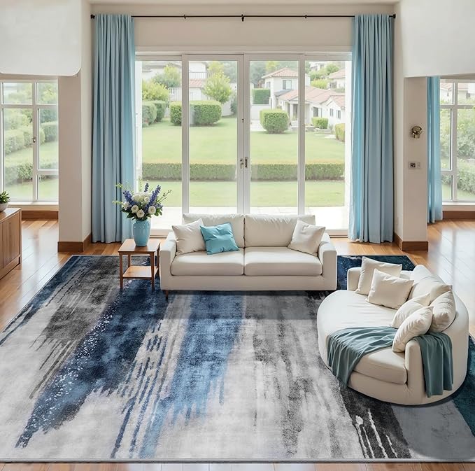Ciicool Modern Abstract Rug for Living Room, 10'x14' Machine Washable Area Rug Non-Slip Rug, Low-Pile Contemporary Indoor Dining Floor Carpet for Bedroom Office Under Table Home Decor Navy Grey