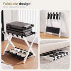 26.77" Full Assembled Luggage Rack for Guest Room, Set of 1 Bamboo Foldable Suitcase Stand, Bedroom & Hotel, Folding Luggage Holder with 5 Nylon Straps, 600D Oxford Fabric Shelf White