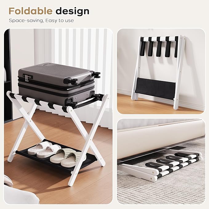 26.77" Full Assembled Luggage Rack for Guest Room, Set of 1 Bamboo Foldable Suitcase Stand, Bedroom & Hotel, Folding Luggage Holder with 5 Nylon Straps, 600D Oxford Fabric Shelf White