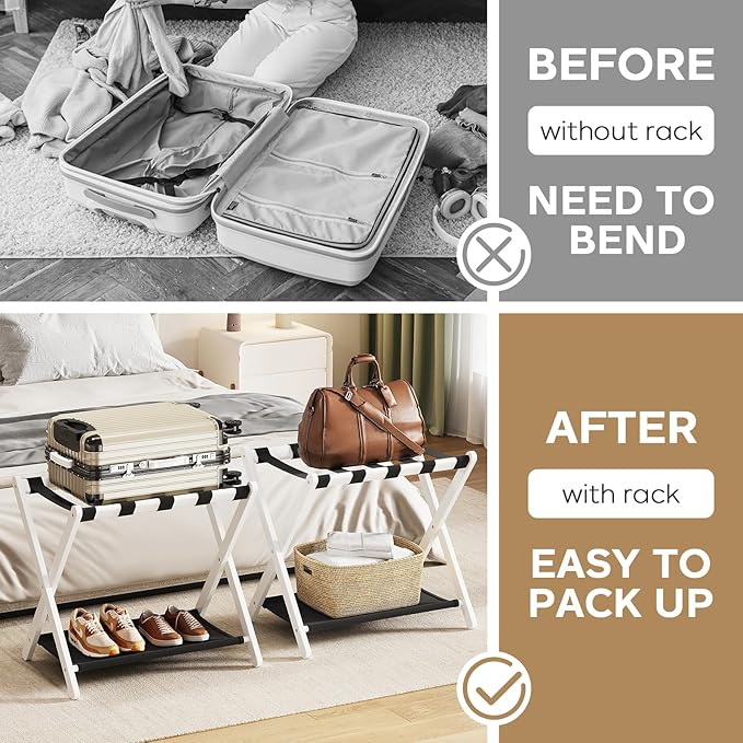 Fully Assembled 2 Pack Luggage Rack with Fabric Storage Shelf, 26.77" Bamboo Folding Luggage Rack for Guest Room, Luggage Stand Holder, Thickened Suitcase Stand Holds up to 165 Lbs, White