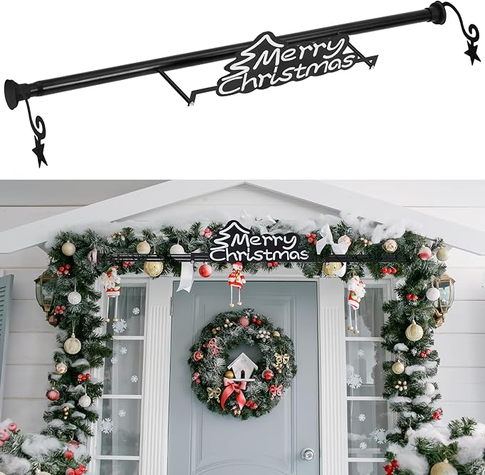 MorningRo 35.5" - 63" Christmas Garland Hanger for Front Door Adjustable Wreath Hanger No Nails or Screws Heavy Duty Black Metal Hook with Christmas Sign for Different Door Holding Wreath Xmas Decor