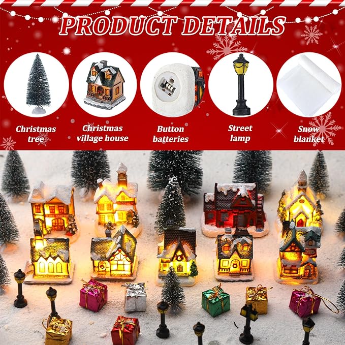 Shappy 48 Pcs Christmas Village Houses Town Buildings Accessories 10 Light up Christmas Village House 12 Mini Trees 12 LED Lights 2 Snow Blanket Box for DIY(Classical Style)