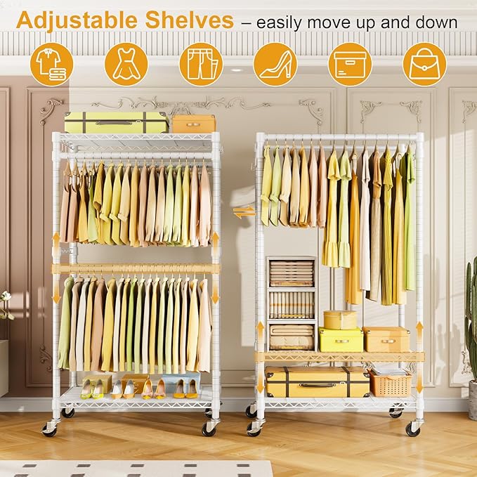 P4 Rolling Clothes Rack Heavy Duty, Clothing Racks for Hanging Clothes, Freestanding Garment Racks with Wheels, Metal Portable Closet Rack 35.5''W × 20.5''D × 80.5''H, Max Load 560Lbs, White
