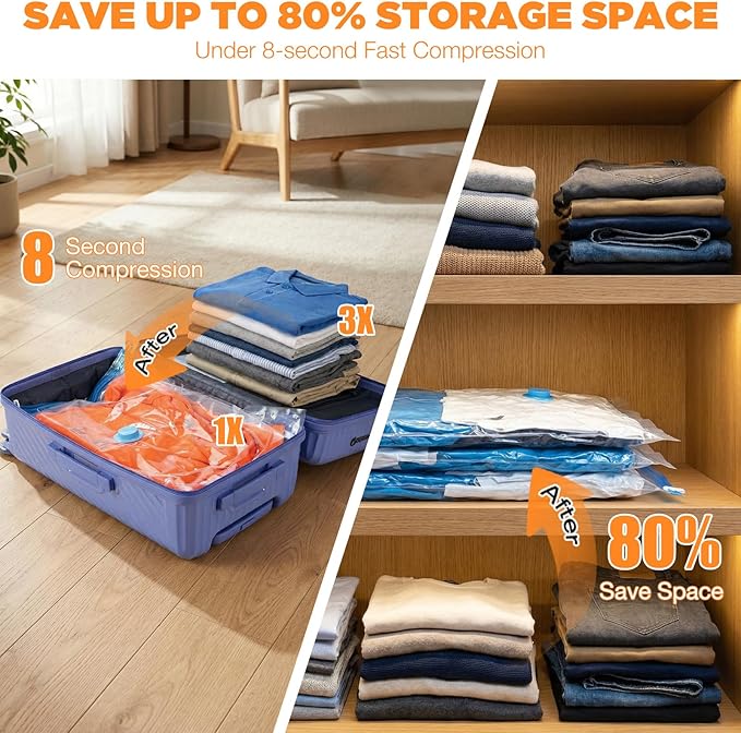 Travel Vacuum Storage Bags with Compact Cordless Pump, 15-Pack Space Saver Vacuum Seal Bags for Clothing & Luggage, Reusable Compression Bags in 3 Carry-On Sizes