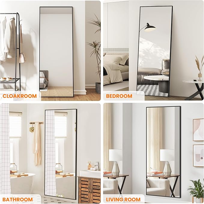 TRAHOME Full Length Standing Mirror, 70"x24" Black Full Body Mirror with Aluminum Alloy Frame, Free Standing or Wall Mount for Bedroom, Living Room, Dressing Room
