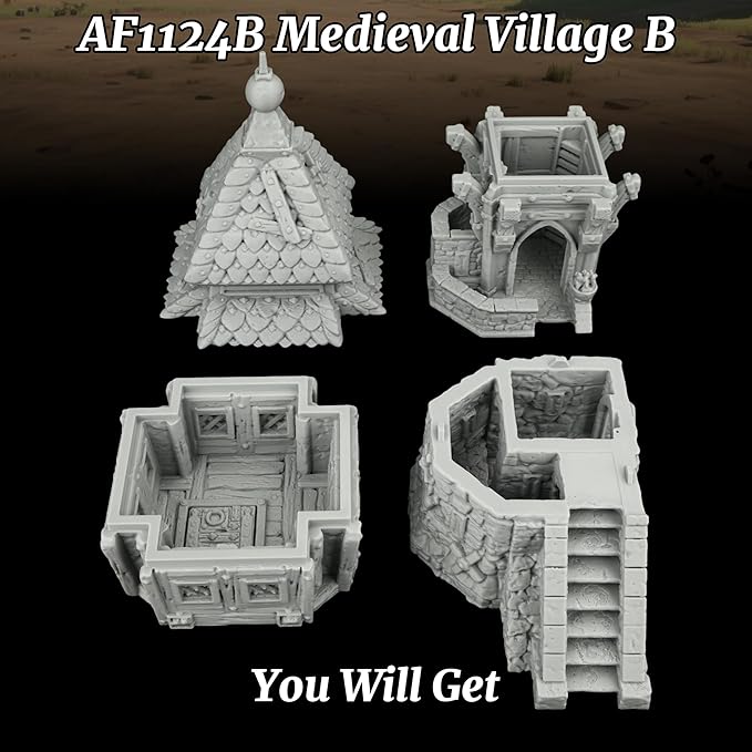 RPG Scenery – 1:64 Scale Unpainted TTRPG Buildings for Role Playing & DND Campaigns, Table Maps Characters Accessory – Medieval Village B AF1124B