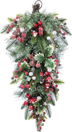 Glitzhome Christmas Teardrop Swag 28 Inch Red Pomegranate Berry & Holy Leaf Decor for Front Door, Indoor Outdoor Holiday Greenery with Rattan Ring for Mantel, Porch, Festive Hanging Decoration