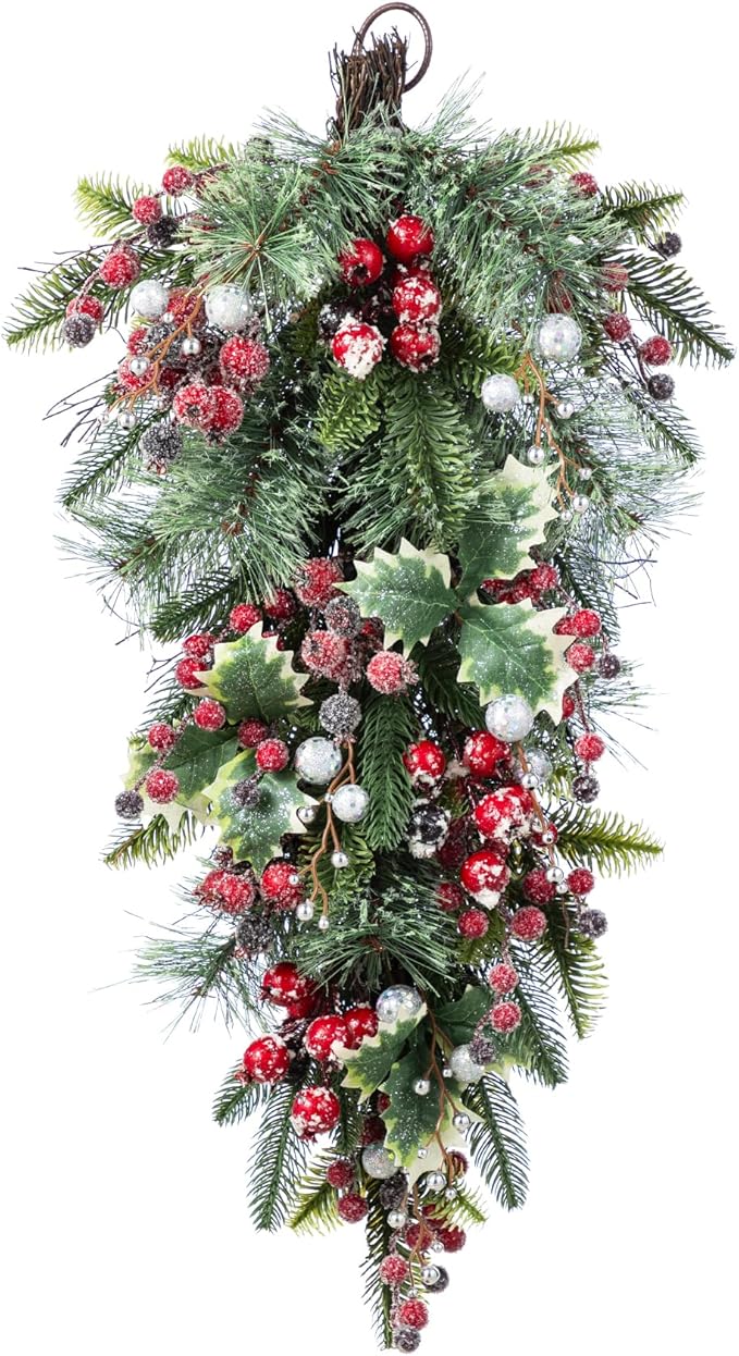 Glitzhome Christmas Teardrop Swag 28 Inch Red Pomegranate Berry & Holy Leaf Decor for Front Door, Indoor Outdoor Holiday Greenery with Rattan Ring for Mantel, Porch, Festive Hanging Decoration