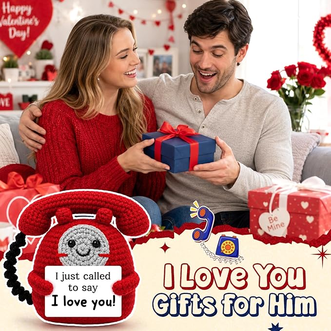 Romantic Gift for Men Women, Funny Handmade Crochet Telephone Doll with “I Just Called to Say I Love You” Cute Birthday Gifts for Girlfriend, Boyfriend, Wife, Husband, Anniversary Desk Decor