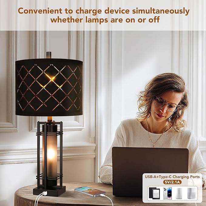 Modern Table Lamp Set of 2, Nightstand Lamps with Black Grid Shade, Bedside Lamps with USB A+C Charging Ports, Decorative Table Lamp, Square Base, Desk Lamps for Living Room, Bedroom, 2 Bulbs Included