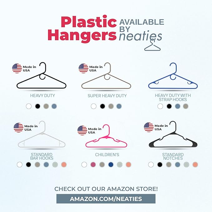 Neaties Plastic Hangers 30 Pack – Made in The USA – 6lb Capacity Standard Clothes Hangers with Notches and Reinforced Edges for Dresses, Lingerie, Shirts, Pants, and Jackets – White & Black