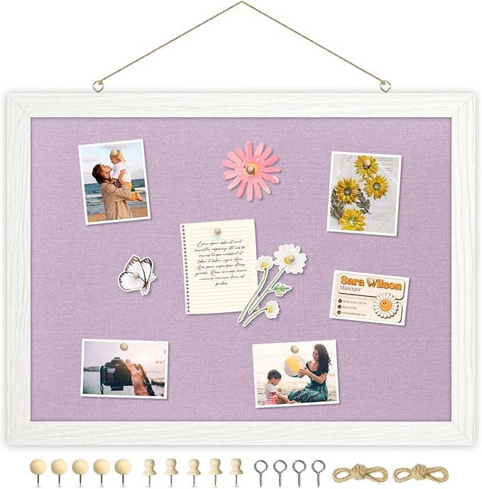 DOLLAR BOSS Bulletin Boards with Linen 1-Pack 16''X 12'' Double-Sided Cork Board for Walls Wood Framed Bulletin Boards, Small Pin Board for Home Kitchen Office Decorative Hanging 10 Pushpins, Purple
