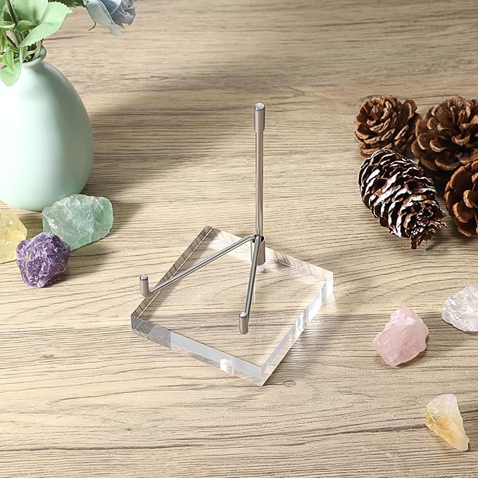 Hipiwe Clear Acrylic Display Stand Holder with Adjustable Metal Arms Display Easel Stands for Gemstones Fossils Minerals Agate Slabs Plates Crystals Saucers Collectibles, 3.1x3.1x4.9 inch