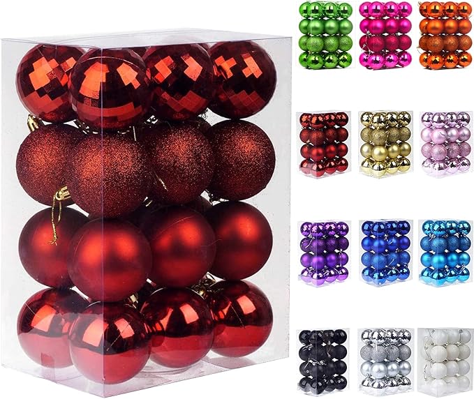 Emopeak 24Pcs Christmas Balls Ornaments for Xmas Christmas Tree - 4 Style Shatterproof Christmas Tree Decorations Hanging Ball for Holiday Wedding Party Decoration (Red, 1.6"/4.2CM)
