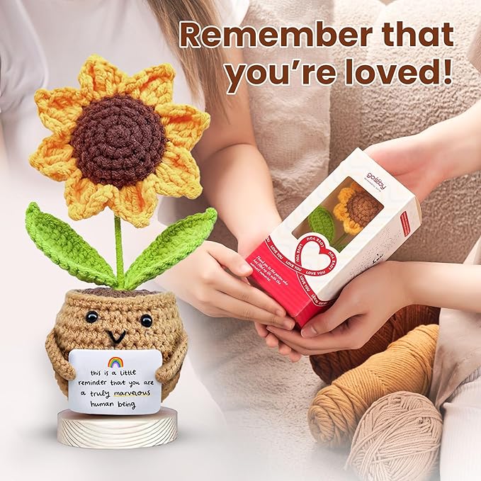 GOSSBY Thank You Gift for Women - Positive Sunflower Crochet - Appreciation, Inspirational, Christmas, Birthday Gift Teacher, Coworker, Friend, Employee - Little Reminder Emotional Support Plush