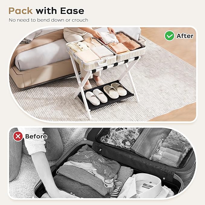 26.77" Full Assembled Luggage Rack for Guest Room, Set of 1 Bamboo Foldable Suitcase Stand, Bedroom & Hotel, Folding Luggage Holder with 5 Nylon Straps, 600D Oxford Fabric Shelf White