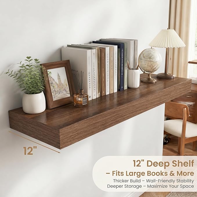 FLYJOE 55 Inch Long Floating Shelves for Wall Set of 1, 12" D Wood Grain Bathroom Shelves with Invisible Brackets, Easy Install Engineered Wood Storage Shelves for Kitchen, Living Room, Bedroom
