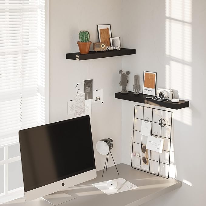 BAMEOS Floating Wall Shelves 24 x 6 Inch – Easy-Install Hanging Shelves with Hardware Included | Modern Decor Shelf for Bathroom, Bedroom & Living Room Storage, Set of 2, Black
