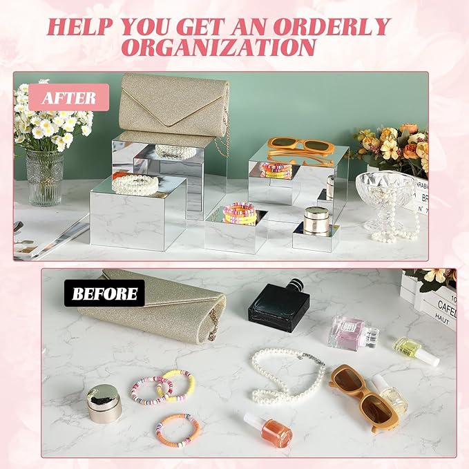 Geelin 6 Pack Acrylic Risers for Display Acrylic Cube Boxes Risers Display Stands with Hollow Bottoms Decorative Stand for Jewelry Candy Table Decor 6 Sizes(Silver,3 to 8 Inch,Square)