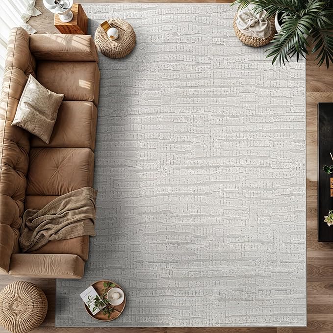 Modern Micro Loop Indoor Area Rugs for Living Room Bedroom Kitchen Geometric Pebble White 8x10 Luxury Durable Low and High Pile Non-Shedding Stain Resistant Soft Area Carpet 8 x 10