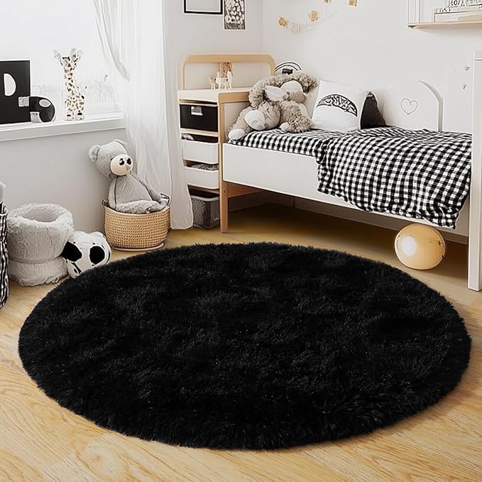 6‘x6’ Black Round Rug for Bedroom, Ultra Soft Fluffy Circle Rug for Kids Girls Boys Room, Cute Shag Rugs for Living Room Playroom Teen Room Home Decor Rug