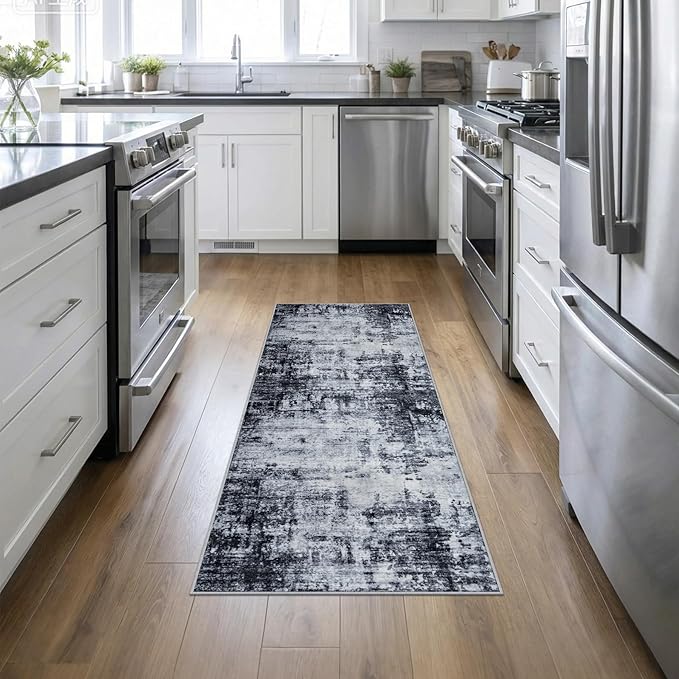 2'x6' Runner Rug Washable Rug: Modern Abstract Soft Thin Runner Rug Dark Black