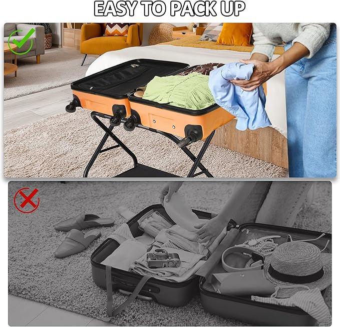 Luggage Rack Set of 2, Foldable Suitcase Stand with Fabric Storage Shelf Easy Assemble Metal Luggage Holder with Straps for Guest Room Bedroom Hotel, Black
