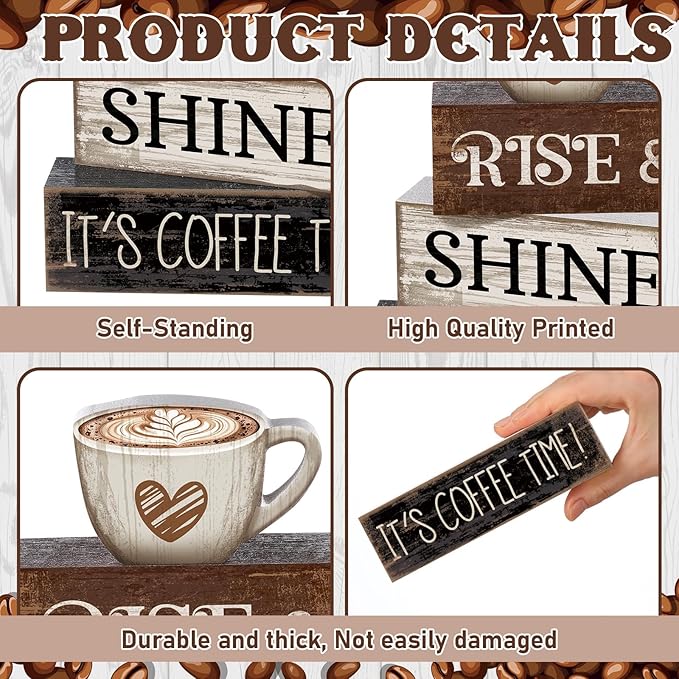 Moucuny 4 Pcs Farmhouse Coffee Bar Sign Decor Wooden Cup Rise & Shine It's Coffee Time Rustic Wood Cafe Sign Gift for Home Kitchen Tabletop Decor