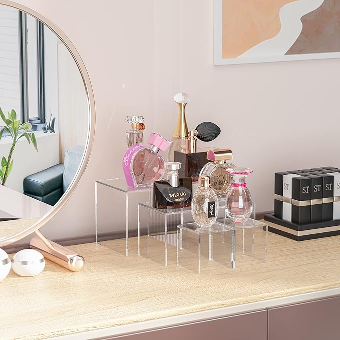 Sezanrpt Square Acrylic Shelf Risers 3pcs, Acrylic Dessert Table Display Set, Clear Acrylic Showcase Collectibles Display Shelf for Funko Pop, Cupcake, Toys, Watches, Table Decorations - 4''x5''x6''