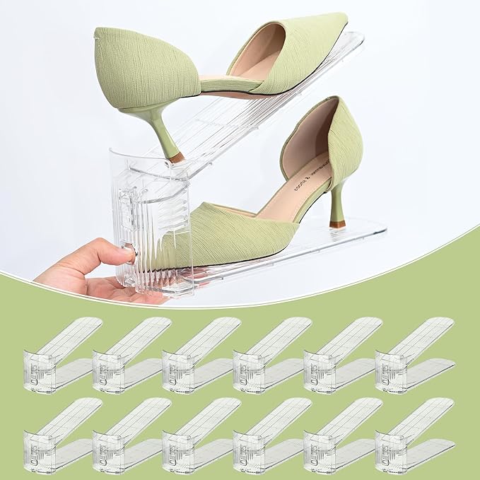 12-Pack Shoe Slots Organizer for Closet, Space Saving Shoe Stacker with Adjustable Height, Double Deck Shoe Storage for Small Spaces, Clear & Sturdy (Transparent)