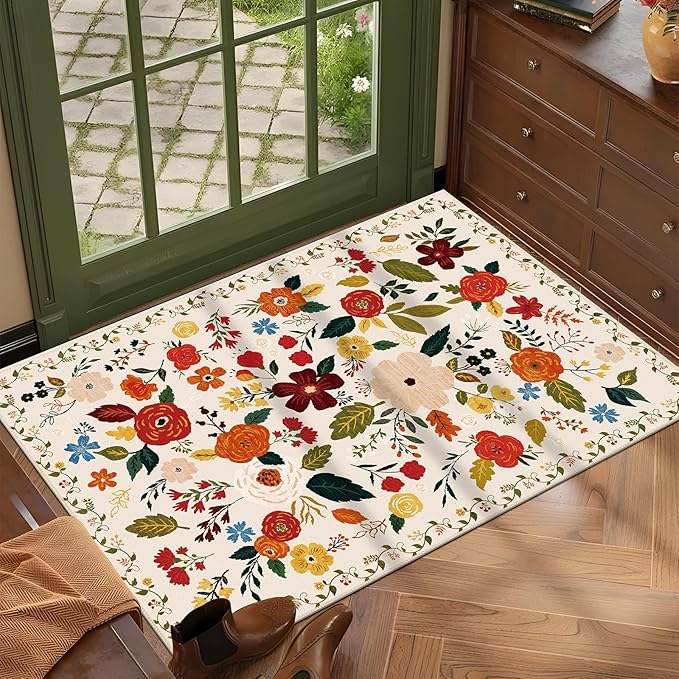 U'Artlines Indoor Door Mat Entrance Rug 2'x3'Soft Non Slip Machine Washable Floral Small Area Rug Carpet for Entryway Kitchen Bathroom Bedroom Beige