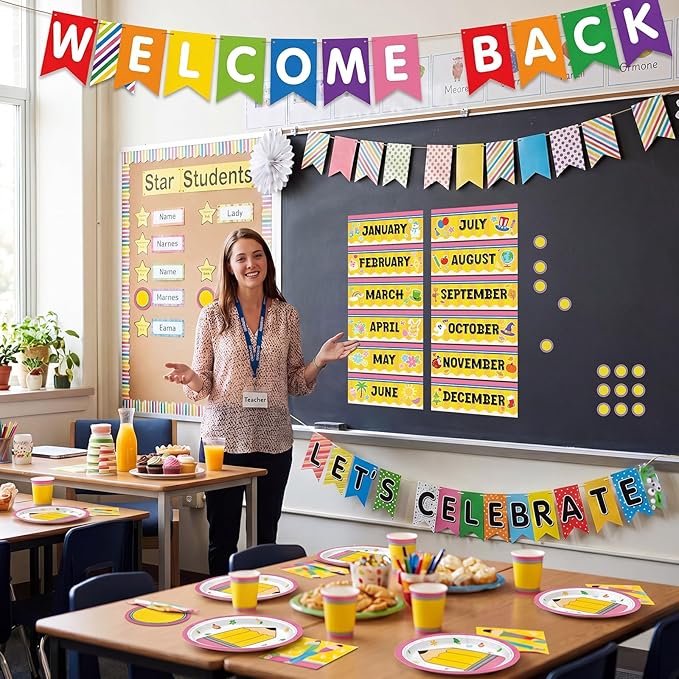 Zonon 48 Pcs Months of the Year Bulletin Board Set 12 Monthly Headliners Holiday Seasonal Monthly Bulletin Board Borders with 36 Round Blank Confetti Cutouts for Classroom(Pencil Style)