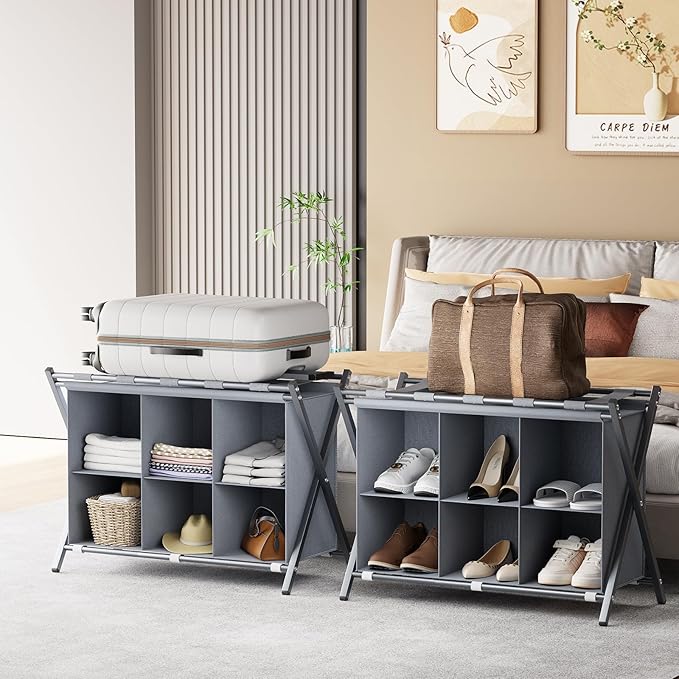 Luggage Rack for Guest Room, Folding Suitcase Stand with 6-Cube Fabric Storage Shelf, Luggage Holder, Steel Foldable Luggage Stand for Guest Room, Bedroom, Hotel, Grey
