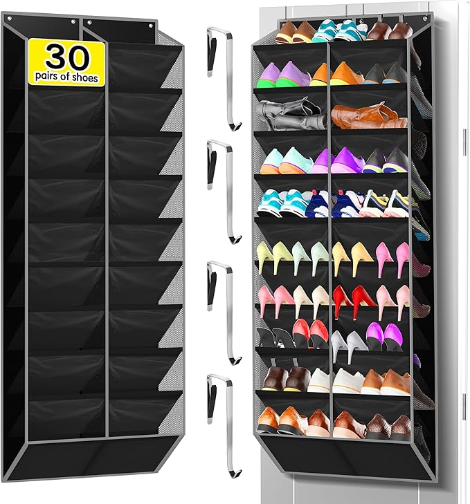 10-Tier Over the Door Shoe Organizer, 20 Pockets Holds 20-30 Pairs, Heavy-Duty Oxford Fabric with Hexagon Mesh for Boots & Sneakers-Black