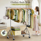 Clothes Rack Load 450 LBS, Heavy Duty Garment Rack, Standing Rolling Metal Hanging Clothes with Sturdy Wheels & Shelves, Silver