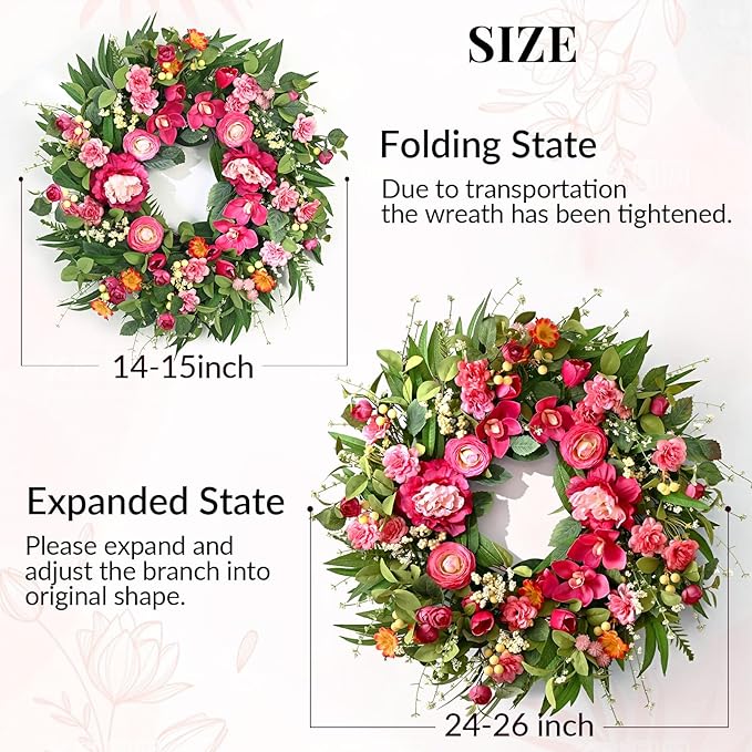 Waipfaru Spring Wreaths for Front Door, 26" Large Spring Summer Easter Wreaths for Front Door with Rose Peony Tulip Magnolia, All Seasons for Indoor Outdoor Farmhouse Home Porch Wall Window Decor