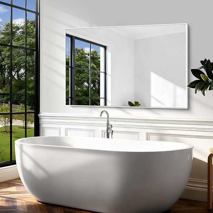 BONEWEI White Bathroom Mirror,55x36 inch Wall Mirror for Bathroom Wall Mounted,Large Rectangle Mirror for Bathroom Over Sink,Modern Metal Frame for Living Room,Bedroom Entryway,Horizontal/Vertical