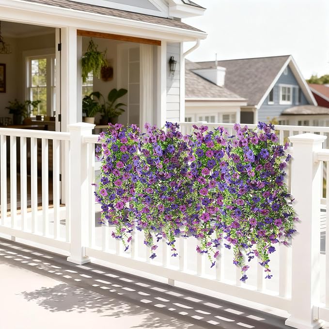 Homsunny Artificial Hanging Flowers for Outdoor, 2PCS Fake Flowers Faux Silk Daisy with Eucalyptus Leaves, UV Resistant Aritificial Flowers for Spring Home Patio Yard Porch Decor (Double Purple)