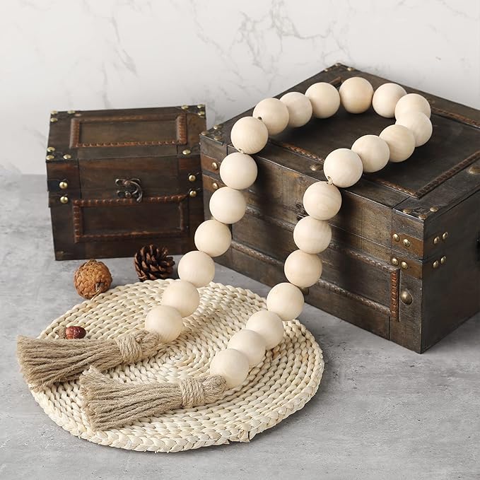 Farmhouse Decor Large Wood Bead Garland 50inch long with 1.6" Diameter beads, Natural Wooden Beads Decor with Tassels Decorative Boho Country Decoration for Coffee Table Home Tiered Tray Wall Hanging