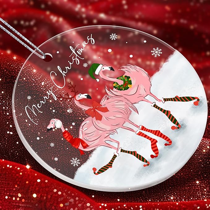 Jabihome Christmas Ornaments 2025, Exchange for Women, Men, Collectible Dated Year Ornaments for Tree, Unique Acrylic Suncatcher, Printed Stained Glass Effect Decor (Flamingo)