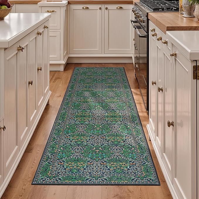 Lessymo Washable Hallway Runner Rug with Rubber Backing, Non Slip 8ft Long Floor Runner for Kitchen, Entryway Indoor, Stain Resistant Soft Boho Vintage Floral Botanical Carpet (2'7"x8' Forest Green)