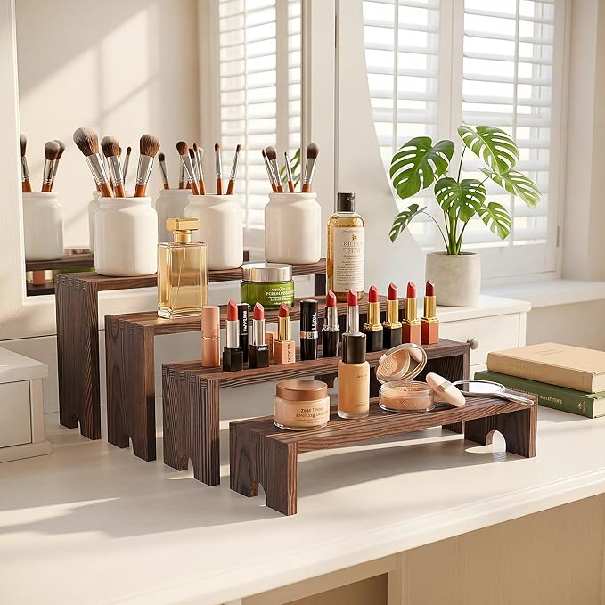 2 Set Wooden Cupcake Stand for Decor, 4 Tiered Stackable Display Risers, Farmhouse Decor Wood Dessert Table Display Set for Party, Vendor Events, Dark Brown
