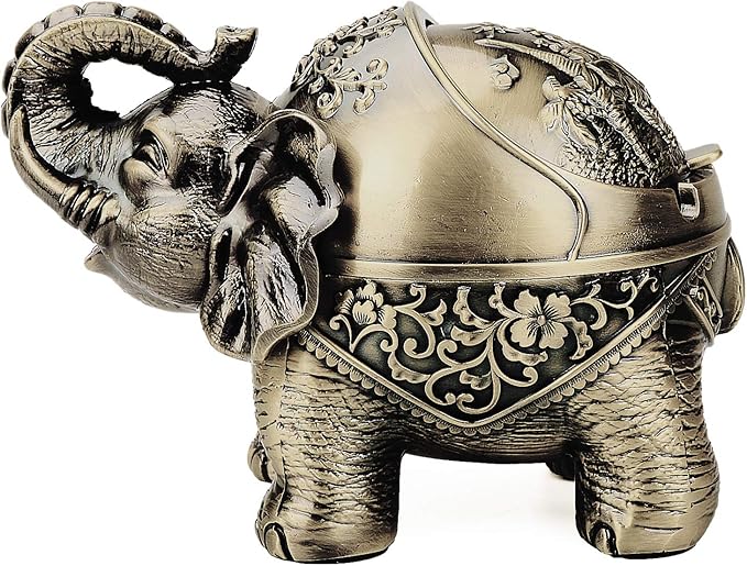 LAUYOO Metal Elephant Ashtray with Lid Windproof Ashtrays Outdoor, Indoor Ashtray for Weed, Vintage Practical Decoration Ash trays for Cigarettes Great Gift for Men Women-Bronze
