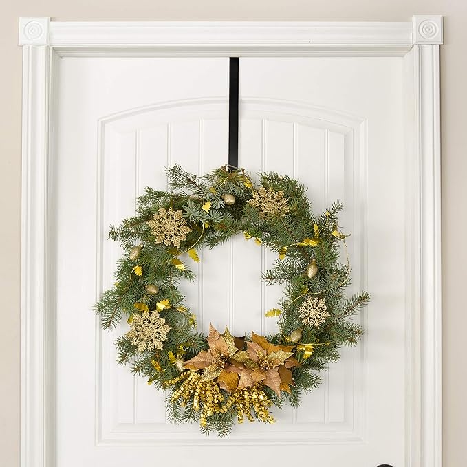 RN'D Over Door Wreath Hanger Hook - Thin Metal Overdoor Wreath Holder Seasonal Hanger Hooks for Front or Back Door (Black, 15")