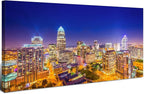 Charlotte City Skyline Wall Art Blue Night Cityscape Wall Decor North Carolina City Panoramic Landscape Canvas Prints Pictures Modern Skyscraper Artwork for Living Room Office Home Decoration 24x48"