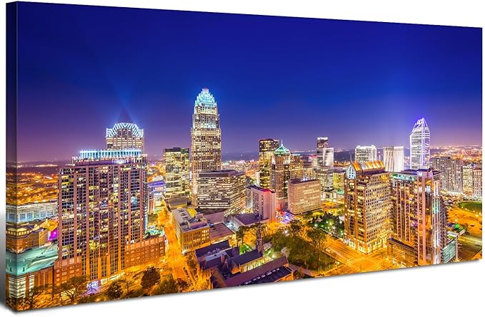 Charlotte City Skyline Wall Art Blue Night Cityscape Wall Decor North Carolina City Panoramic Landscape Canvas Prints Pictures Modern Skyscraper Artwork for Living Room Office Home Decoration 24x48"
