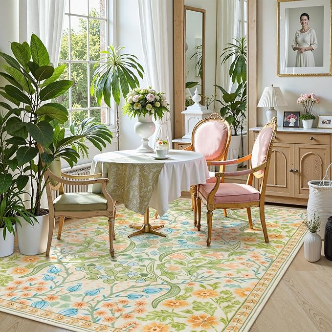 Moynesa Floral 5x7 Area Rugs, Machine Washable Rugs for Bedroom, Non Slip Boho Rugs for Living Room, Large Flower Stain Resistant Floor Carpet for Dining Room Home Office, Spring
