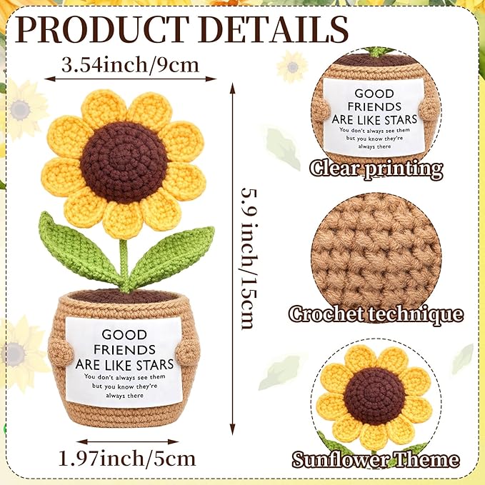 Wavwavw 1 Pcs Friends Gifts for Women, Galentines Graduation Handmade Sunflower Crochet Doll with Positive Card for Female Birthday BFF Bestie Gifts (Like Stars)
